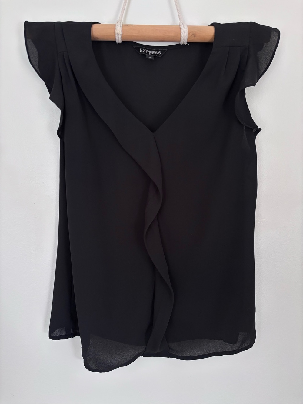 Express Black Ruffle V-Neck Flutter Sleeve Blouse | Extra Small | Office